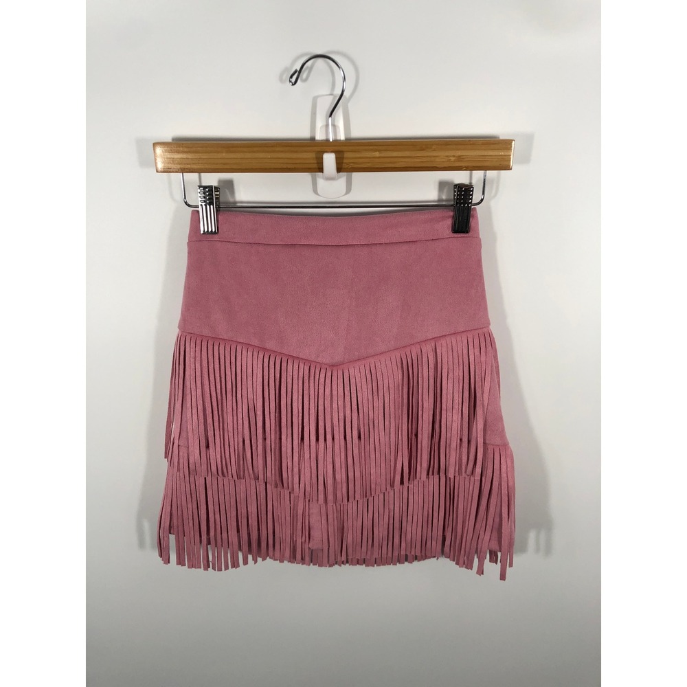 Women Faux Suede Fringe Mini Skirt 12 Pink Western Country Cowgirl Rodeo Concert